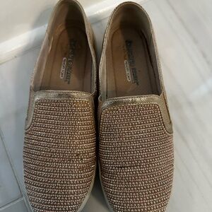 Skechers Rose Gold Metallic Gold Slip-On Sneakers with pearls and rhinestones